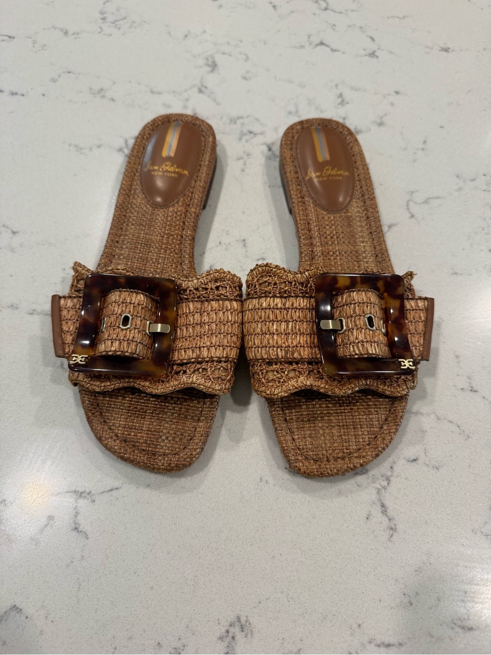 Sam Edelman Bambi Raffia Tortoiseshell Buckle Slide Sandals - Size 8.5